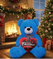 Christmas Temalı Kalp Yastık Hediyeli - Papyonlu Sevimli Peluş Şaşkın Ayı 80 cm - Sevgiliye Özel HEDİYE (Mavi) - Yılbaşı Özel