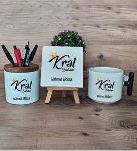 Kral Babam Hediye Sepeti Kupa Bardak T Kulplu, Kalemlik ve Dekoratif Taş Babaya Hediye Babalar Günü Hediyesi (Model 6)