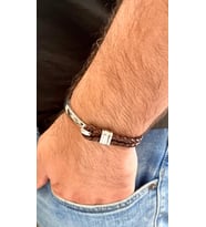 %100 Deri&Krom Kombin Erkek Bileklik NET 22cm (Türk El Üretimi) (Kahverengi)