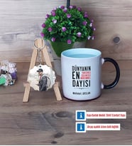 Dayıya Hediye Kupa Bardak Beyaz ve Fotoğraflı Ahşap Anahtarlık Hediye (Model 9)
