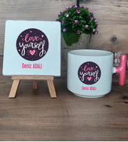 Love Your Self Hediye Seti Kupa Bardak T Kulplu ve Dekoratif Taş Arkadaşa Hediye, Anneye Hediye (Model 4)