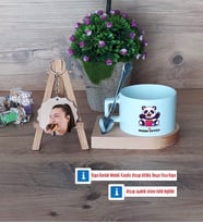 Sevimli Panda Kupa Bardak Beyaz ve Fotoğraflı Ahşap Anahtarlık Hediye (Model 8)