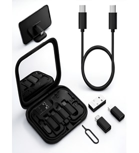Aynalı, Standlı 8 in 1 Çok işlevli Type-C, USB, Micro Lighting Port, Seyahat Seti Çevirici (Siyah)