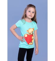 Toontoy Kız Çocuk Kalpli Ayıcık Baskılı Taş İşlemeli Tişört (Mint Yeşili)