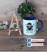 Erkek Kuaförü Kupa Bardak Beyaz ve Fotoğraflı Ahşap Anahtarlık Hediye (Model 3)