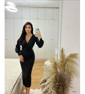 Kadın Balon Kol Kruvaze Yaka Detaylı Kemerli Scuba Kumaş Elbise (Renkli) (Siyah)