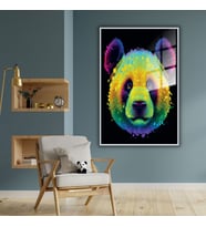 Metal Çerçeveli Temperli Cam Tablo  Neon Renkli Panda (Gümüş)