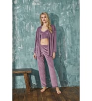 Kadın Crop Fransız Kadife Sabahlıklı Dantel Detaylı Bralet Pijama Takımı 3lü Set (Lila)