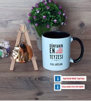 Teyzeye Hediye Kupa Bardak Beyaz ve Fotoğraflı Ahşap Anahtarlık Hediye (Model 11)