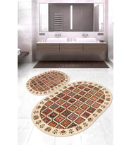 Dijital Baskılı Kaymaz Taban Yıkanabilir Oval 2'li Klozet Takımı Banyo Paspası NOKZ-HT-645 (Krem)