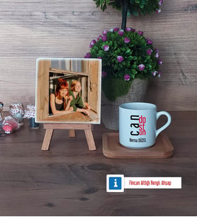 Arkadaşa Hediye Fotoğraflı Dekoratif Taş, Ahşap Altlıklı Türk Kahvesi Fincanı Hediye (Model 1)