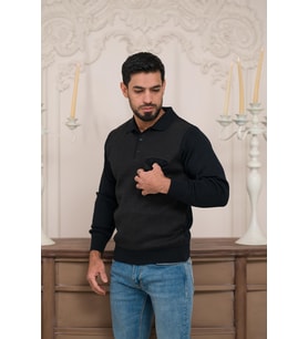 Woolen World Polo Yaka Cepli Armürlü Yünlü Erkek Triko Kazak (Lacivert)