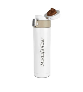 Sedef Silver Kişiye Özel İsim Yazılabilir Hediyelik İsimli  400 mL Paslanmaz Çelik Thermos Bardak Mug Kahve Çay Termos (Beyaz)