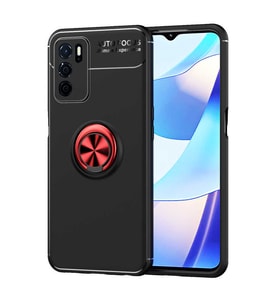 Oppo A16 Kılıf Mıknatıslı Yüzüklü Standlı Yumuşak Silikon Kapak Ravel (Siyah-Kırmızı)