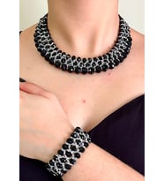 Kristal Taşlı Türk El Yapımı Gerdanlık Model Kolye ve Bilezik Set (Siyah - Gümüş)