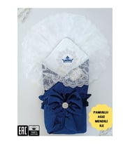 Kadife Kız Bebek Battaniyesi Dantelli Kundak Hastane Çıkışı Yenidoğan %100 Doğal Pamuktan Hediyelik KND45263 (Lacivert)