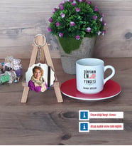 Yengeye Hediye Türk Kahvesi Fincanı Ahşap Altlıklı ve Fotoğraflı Ahşap Anahtarlık Hediye (Model 3)