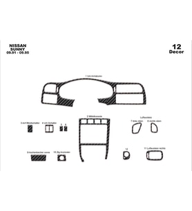 Meriç® Nissan Sunny Ön Torpido Kaplama Maun 12 Parça 1991-1995 (Karbon)