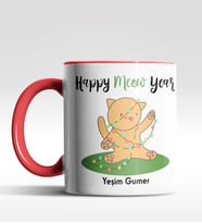 Kişiye Özel Happy Meow Year Kedi Tasarımlı Siyah Kupa (Kırmızı)