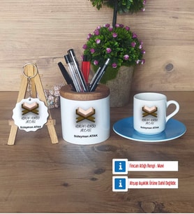 Kuran Kursu Hocası Hediye Sepeti Kalemlik, Türk Kahvesi Fincanı Kırmızı, Ahşap Anahtarlık Hediye (Model 3)