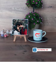 Sevgiliye Hediye Fotoğraflı Dekoratif Taş, Ahşap Altlıklı Türk Kahvesi Fincanı Hediye (Model 7)