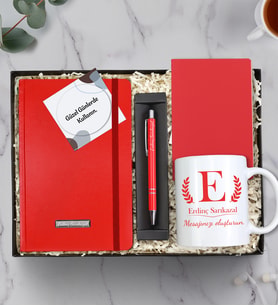Kişiye Özel Mesajlı Kupa & İsme Özel Defter & Kalem & Mini Not Defteri Hediye Seti (Kırmızı)