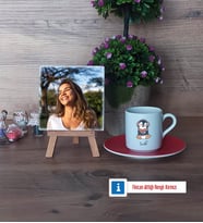 Tatlı Penguen Fotoğraflı Dekoratif Taş, Ahşap Altlıklı Türk Kahvesi Fincanı Hediye (Model 3)