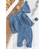 Triko Hırkalı Bereli Unisex Kışlık Şapkalı Bebek Takım (İndigo)