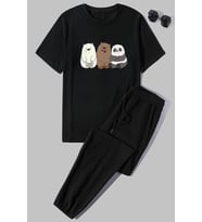 Unisex Kafadar Ayılar Baskılı 2'li Eşofman Takımı (Siyah)