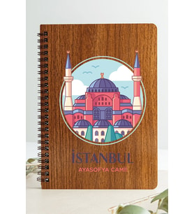 İstanbul Ayasofya Camii Şehir Tasarım Ahşap Kapaklı Özel Defter Kraft Kâğıt (Ceviz Rengi)