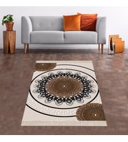 Mandala Desenli Etnik Dijital Baskı Yıkanabilir Kaymaz Taban Leke Tutmaz Salon Halısı ve Yolluk (Krem)