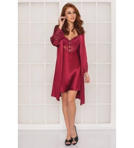 Pierre Cardin Kadın Midi Saten Gecelik Sabahlık Takım (Bordo)