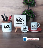 Uykucu Panda Hediye Seti Dekoratif Taş, Kalemlik, Ahşap Altlıklı Türk Kahvesi Fincanı, Ahşap Anahtarlık Hediye (Model 8)
