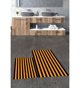 EVDEYA Dijital Baskılı Yıkanabilir Çizgili Modern İkili Banyo Halısı Paspas Klozet Takımı, KLOZET-50-KIRMIZI, (Turuncu)