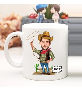Erkeğe Hediye İsimli Kovboy Karikatürlü Kupa Bardak (Beyaz)
