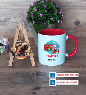 İtfaiyeci Kupa Bardak Beyaz ve Fotoğraflı Ahşap Anahtarlık Hediye (Model 2)