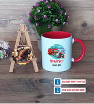 İtfaiyeci Kupa Bardak Beyaz ve Fotoğraflı Ahşap Anahtarlık Hediye (Model 2)