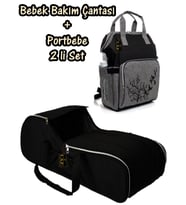 Portbebe Ana Kucağı Puset Bebek Taşıma + Anne Bebek Bakım Çantası 2 li Set (Siyah-Siyah)