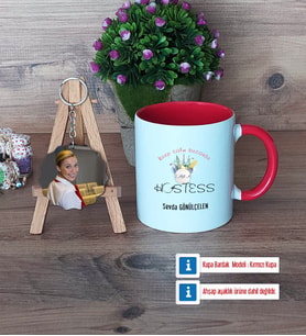 Hostes Kupa Bardak Beyaz ve Fotoğraflı Ahşap Anahtarlık Hediye (Model 2)