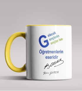 Kişiye Özel Atatürk Sözleri Tasarımlı Siyah Renk Kupa Bardak  (Sarı)