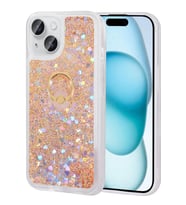 iPhone 15 Plus Kılıf Sıvılı Simli Pullu Yüzüklü Standlı Lüx Silikon (Gold)