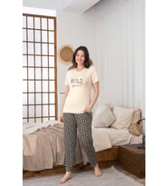 Kadın Düğmesiz Bisiklet Yaka Viskon Yazlık Kısa Kol Cepli Pijama Takımı (Krem)