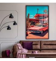 Metal Çerçeveli Temperli Cam Tablo Pembe Klasik Buick İnvicta (Siyah)