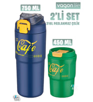 Vagonlife 2'li Çelik Termos-Kahve Bardağı Seti 750ML Çift Kullanım Termos//450ML Mug Kahve Bardağı (Lacivert-Yeşil) (Lacivert - Yeşil)