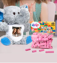Kişiye Özel Peluş Mavi Fİl Ve Renkli Micro Blocks Lego (Pembe)