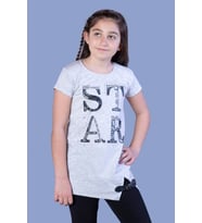 Toontoy Kız Çocuk Star Baskılı Kemer Detaylı Tişört ( Gri-Melanj)