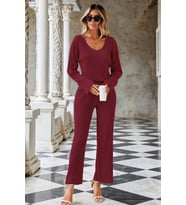 Nare Siyah V Yaka Bluz Pantolon Kadın Alt Üst Takım (Bordo)