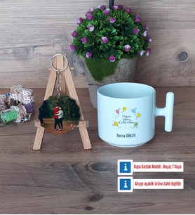 Doğum Günü Hediyesi Kupa Bardak Beyaz ve Fotoğraflı Ahşap Anahtarlık Hediye (Model 12)