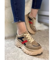 Günlük Kadın Sneaker Yüksek Taban Bağcıklı Tiger Şeritli Spor Ayakkabı 032 (Bej-Lacivert)