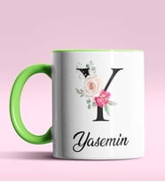 Kişiye Özel Y Harfi Temalı Gül Tasarım Siyah Renk Kupa (Yeşil)